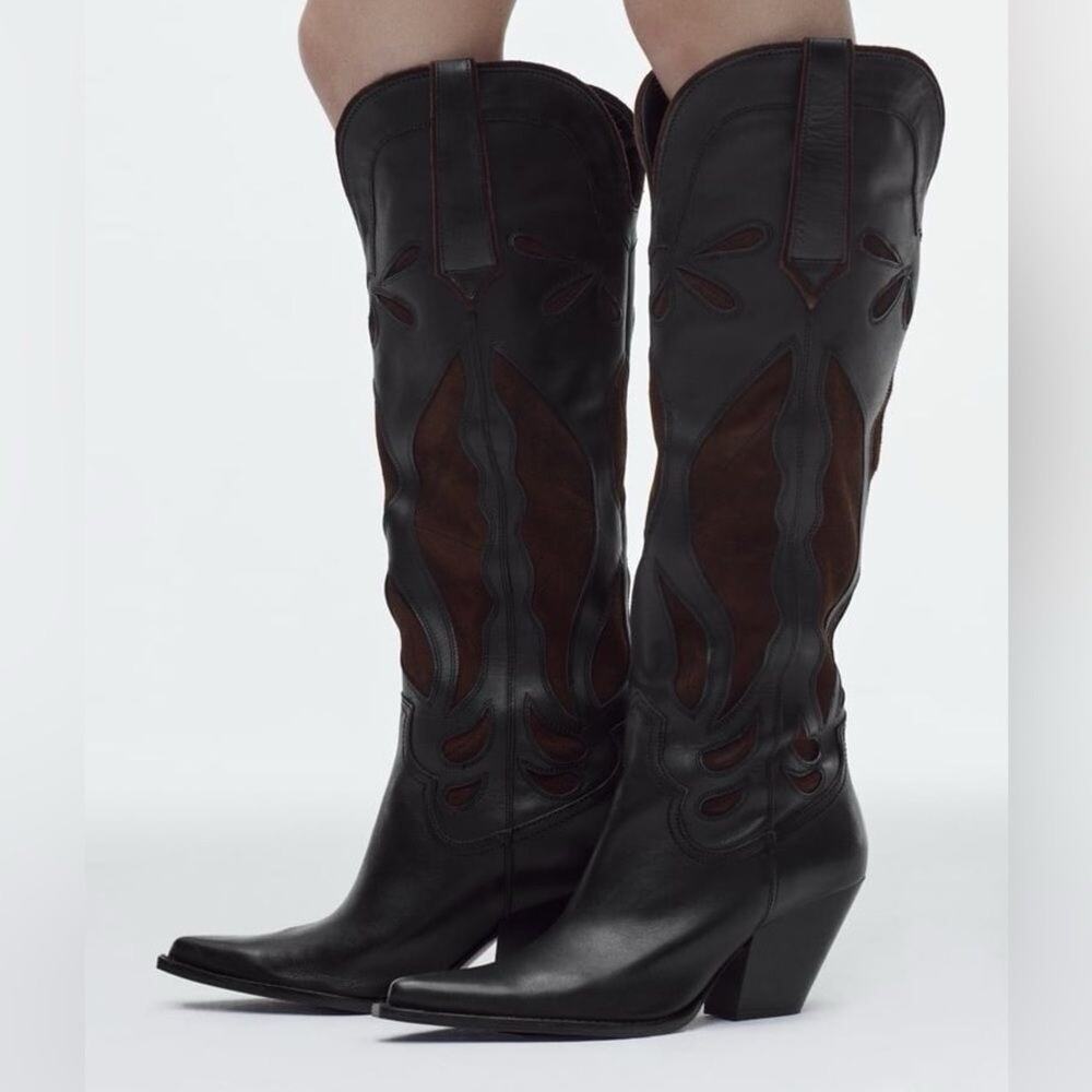 ZARA Limited Edition Knee High Cowboy Boots Black Brown Leather EU 38 US 7